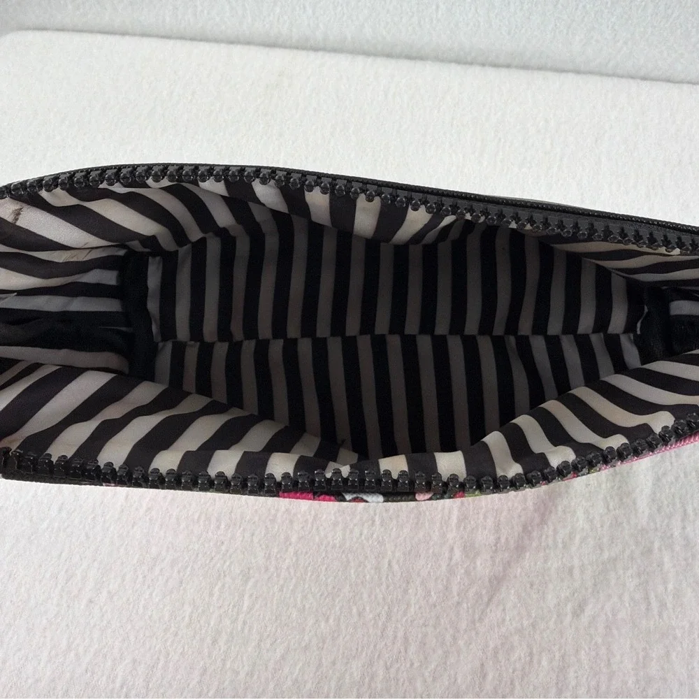 Marc Tetro Dog Floral Cosmetic Bag Saffiano Pouch Striped Lining Makeup Bag